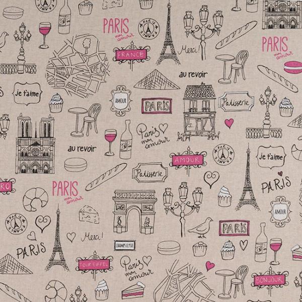 Dekostoff Halbpanama mit Paris, Eiffelturm in Natur/Pink, Nahaufnahme der Oberfläche
